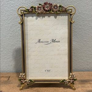 Ashleigh Manor ~ 4” x 6” Metal Gold & Pink Floral Photo Frame ~ Rhinestones